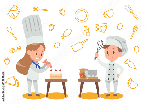 Happy kids is cooking and having fun in the kitchen vector desig