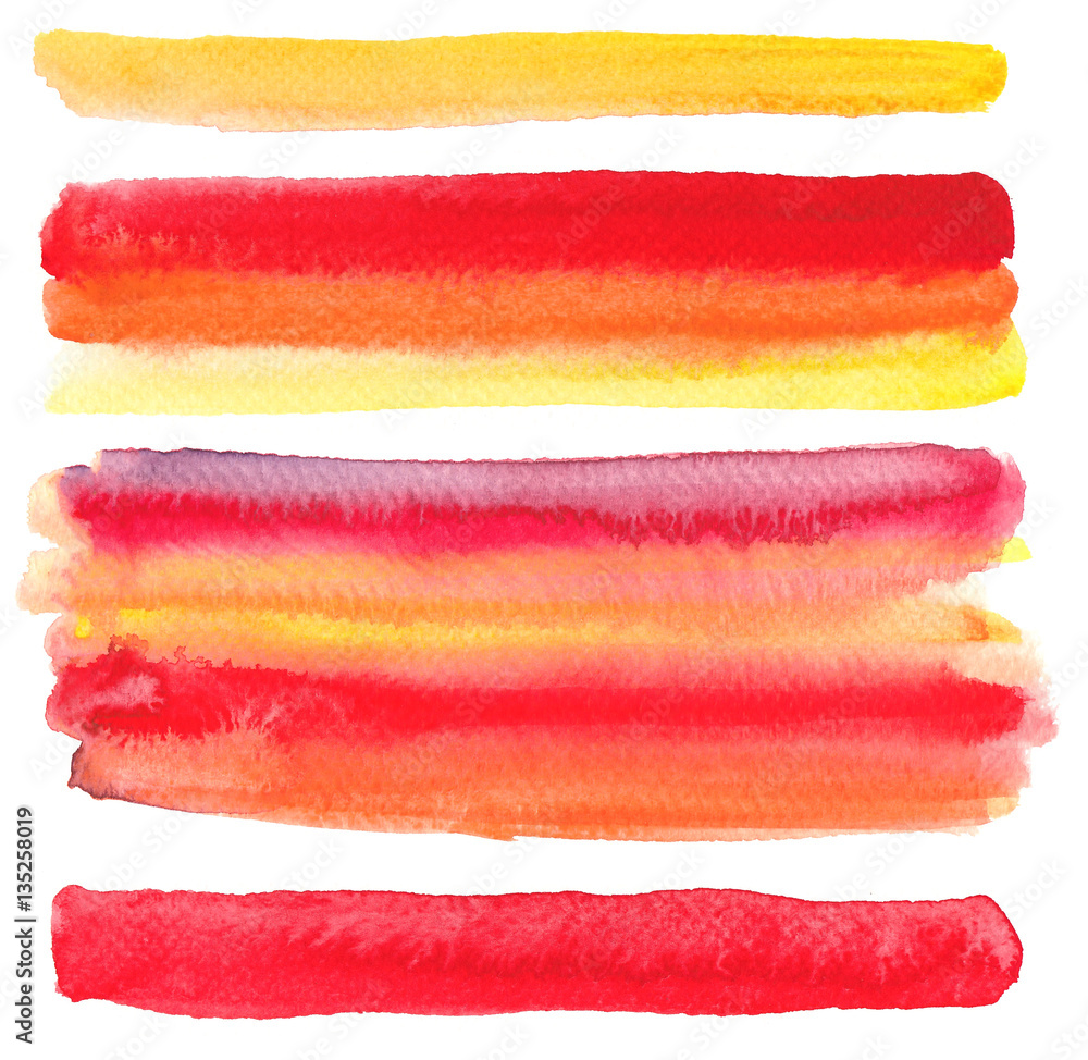 Set colorful watercolor brush strokes on the white background