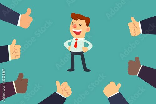 happy businessman with many thumbs up hands