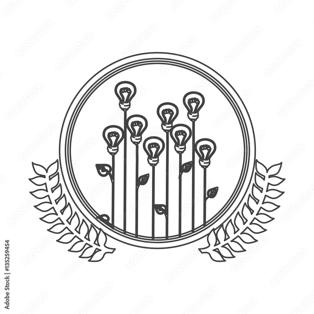 monochrome silhouette circle with decorative olive branch and lightbulb in shape flower vector illustration