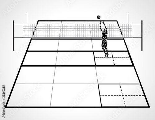 Volleyball court with perspective, setter player and ball, vector