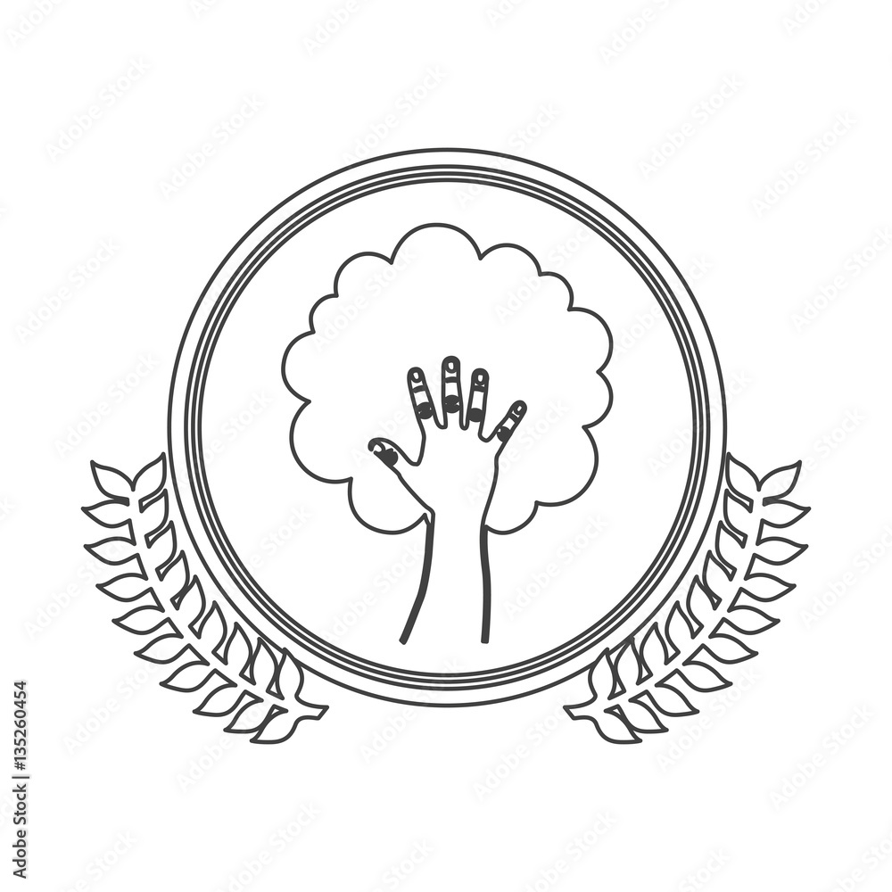 monochrome silhouette circle with decorative olive branch with hand in shape of tree vector illustration monochrome silhouette circle with decorative olive branch with hand in shape of tree vector illustration