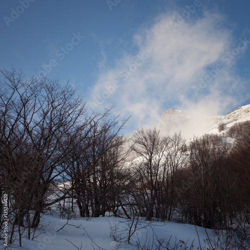 Winter forest and mountains under the blue sky with clouds