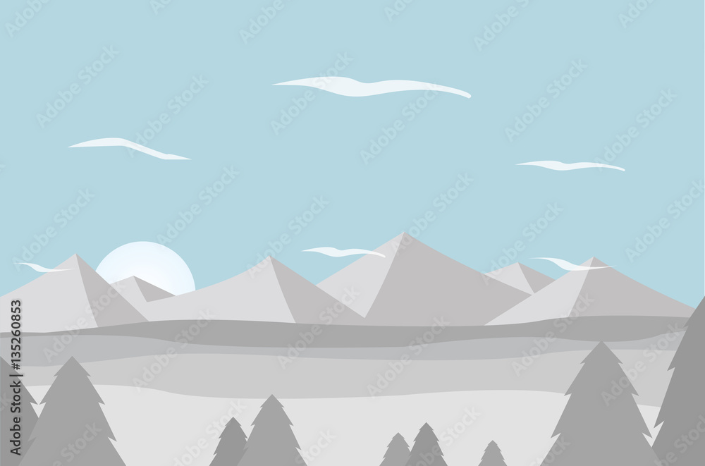 Snow mountain landscape. flat design background. vector illustration