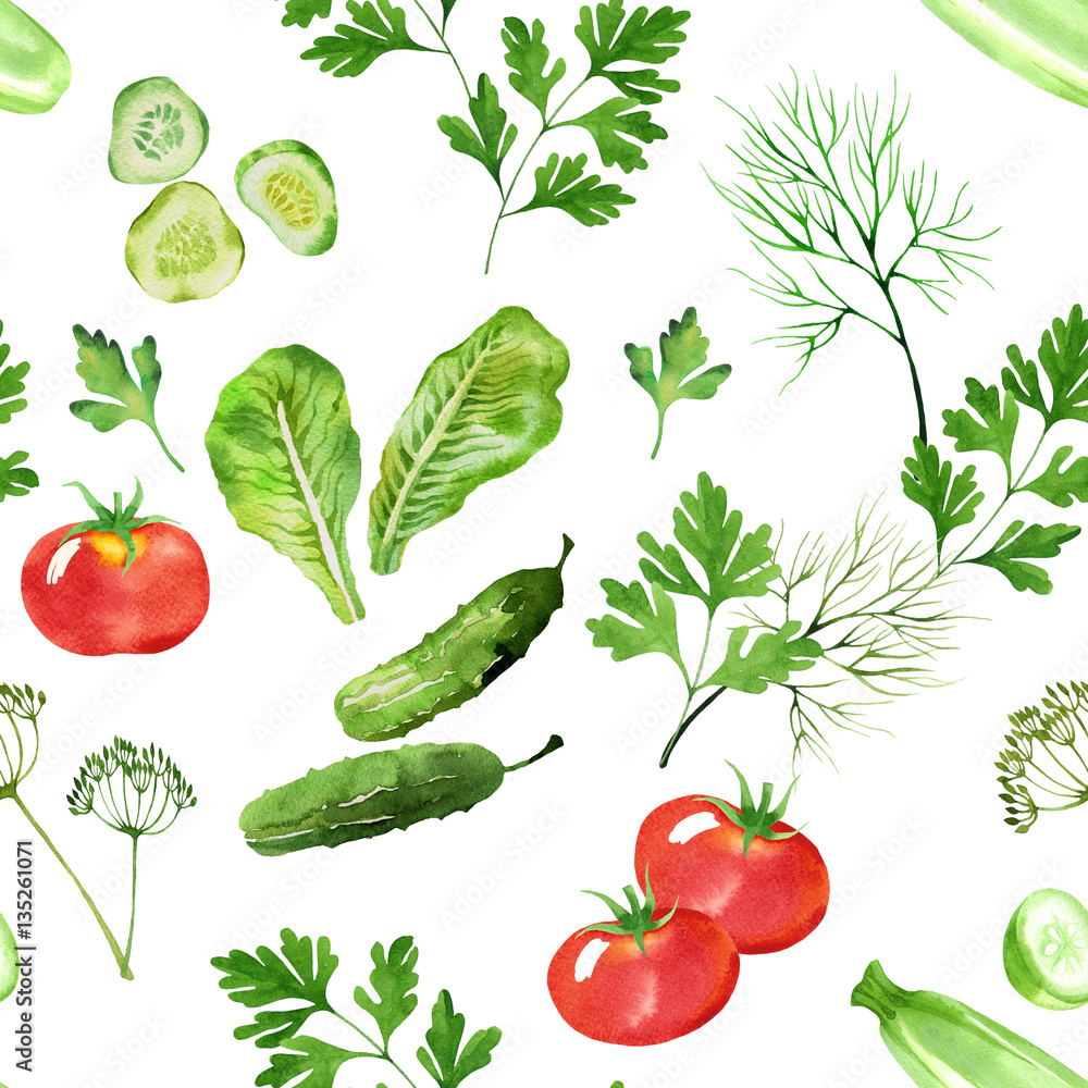 vegetable seamless pattern with tometoes, marrow, cucumber, dill and parsley watercolor. Hand drawn vegetables in watercolor style. Background for paper, textile, deciration and wrapping vegetable seamless pattern with tometoes, marrow, cucumber, dill and parsley watercolor. Hand drawn vegetables in watercolor style. Background for paper, textile, deciration and wrapping