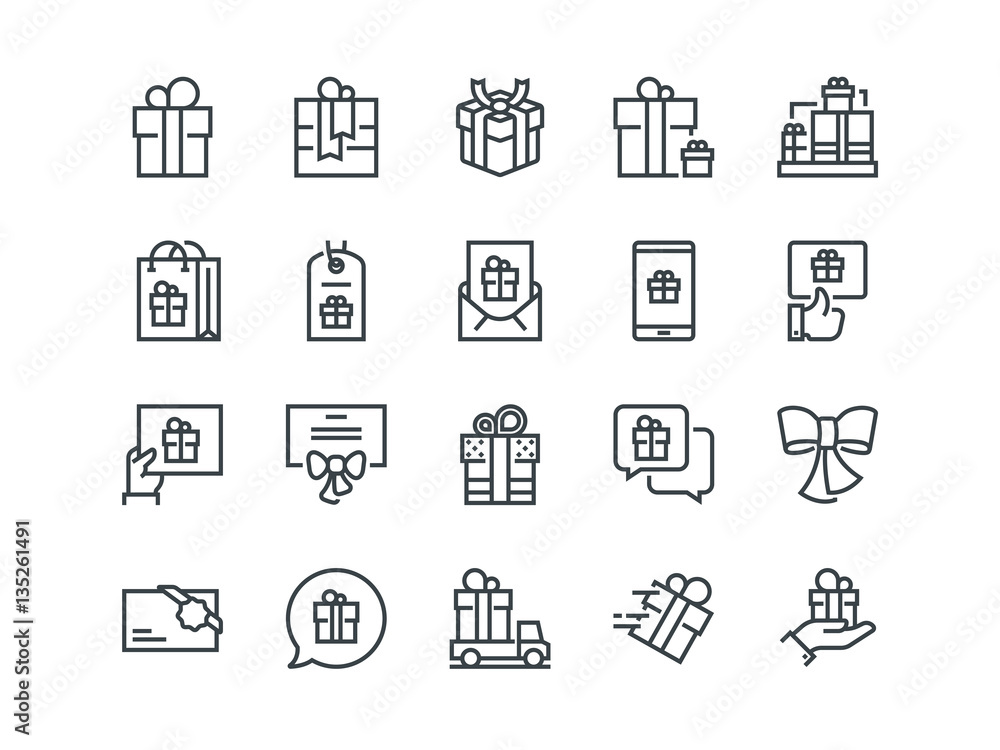 Gifts. Set of outline vector icons. Includes such as Gift Card, Present Offer, Ribbon and other Gifts. Set of outline vector icons. Includes such as Gift Card, Present Offer, Ribbon and other