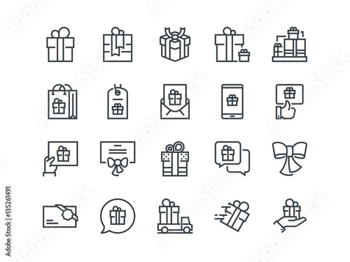 Gifts. Set of outline vector icons. Includes such as Gift Card, Present Offer, Ribbon and other