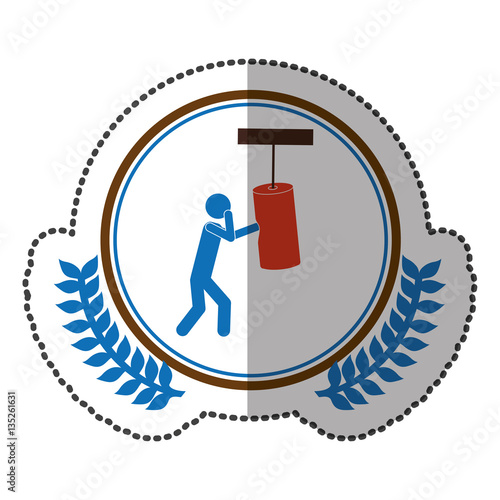 middle shadow sticker colorful with olive crown with man knocking bag weight in circle vector illustration