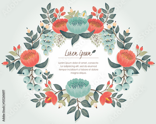 Vector illustration of a beautiful floral wreath. Mint and red flowers