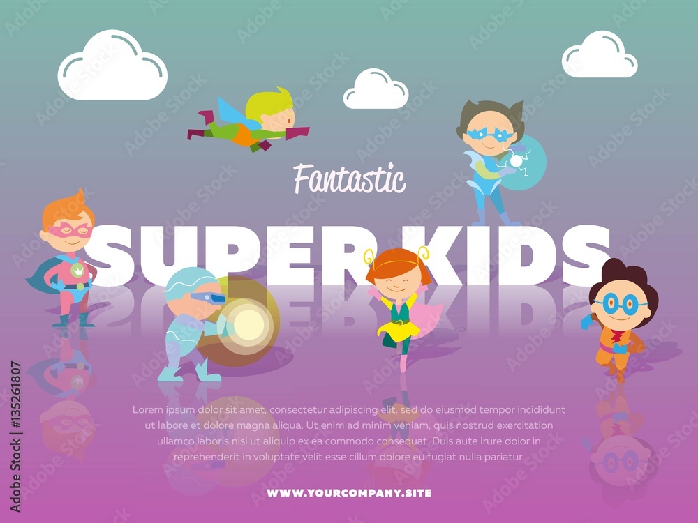 Fantastic super kids banner with children dressed in carnival costumes of superheroes vector illustration. Super hero kids in action, playing and flying. Cute little superhero characters in flat style Fantastic super kids banner with children dressed in carnival costumes of superheroes vector illustration. Super hero kids in action, playing and flying. Cute little superhero characters in flat style