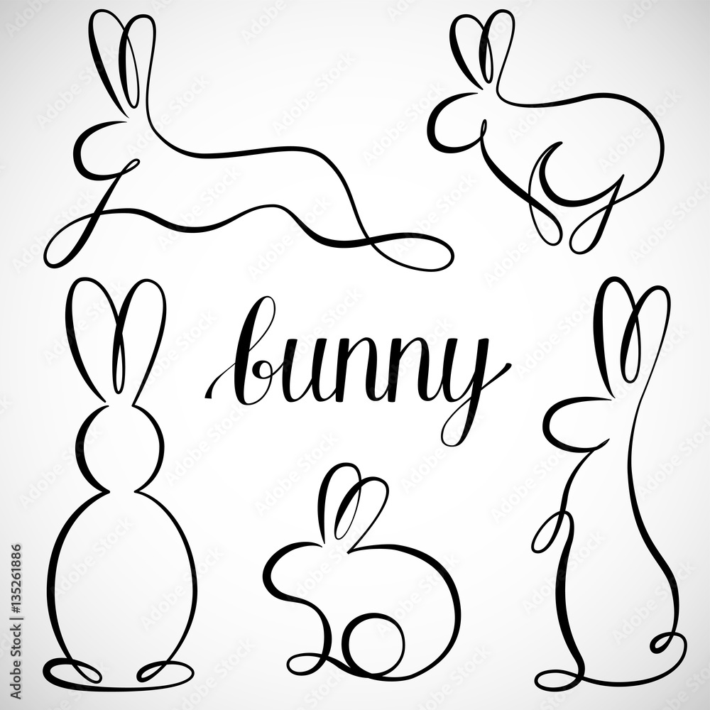 Obraz premium Sketches of bunnies in the form of a continuous line. Vector illustration. Logo, emblem, sign.