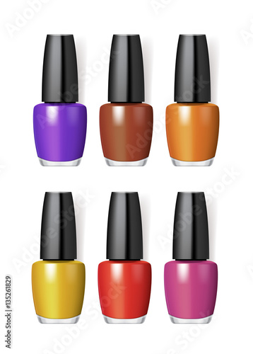 Realistic makeup cosmetics set isolated on white background vector illustration. Colorful nail polish glass bottle, manicure and pedicure. Decorative cosmetics products, beauty fashion makeup