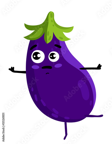Cute vegetable eggplant cartoon character isolated on white background vector illustration. Funny positive and friendly eggplant emoticon face icon. Happy smile cartoon face, comical vegetable mascot