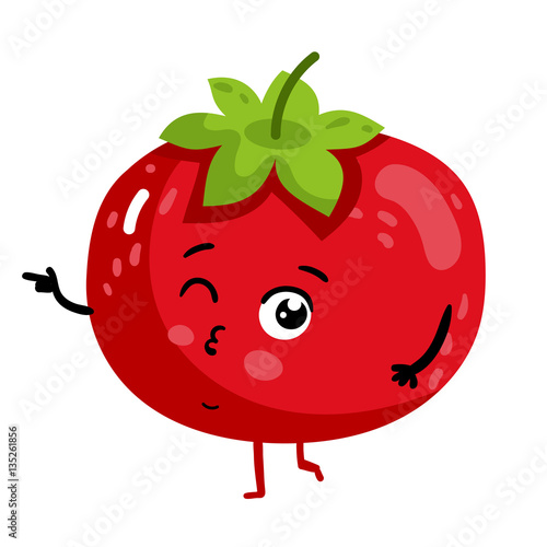 Cute vegetable tomato cartoon character isolated on white background vector illustration. Funny positive and friendly tomato emoticon face icon. Happy smile cartoon face, comical vegetable mascot