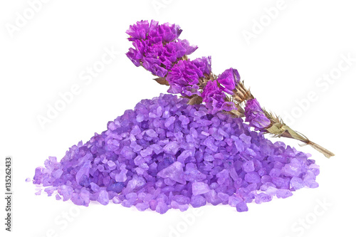 Violet sea salt isolated on white background, lavender