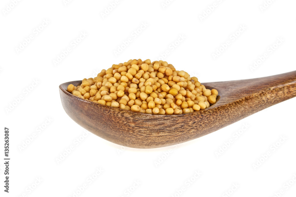 Mustard seeds on wooden spoon isolated on white background Mustard seeds on wooden spoon isolated on white background