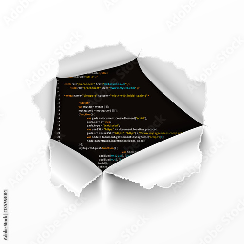 Torn hole in sheet of paper on complicated program code