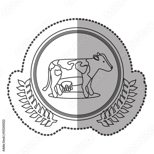 middle shadow sticker monochrome with olive crown with cow in circle vector illustration