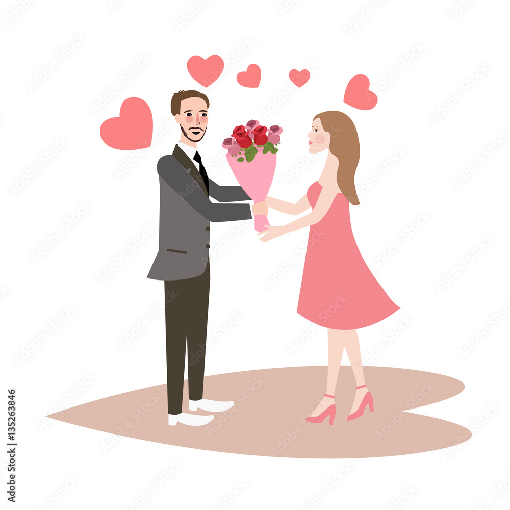 man give bouquet of flowers to girl fall in love couple man give bouquet of flowers to girl fall in love couple