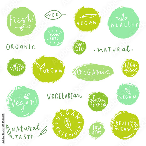 Set of food badges. Vegan natural organic gluten free. Vector hand drawn labels. 