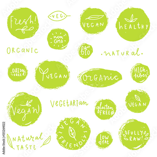 Set of hand drawn food badges. Natural, organic, vegan, bio etc. Vector labels