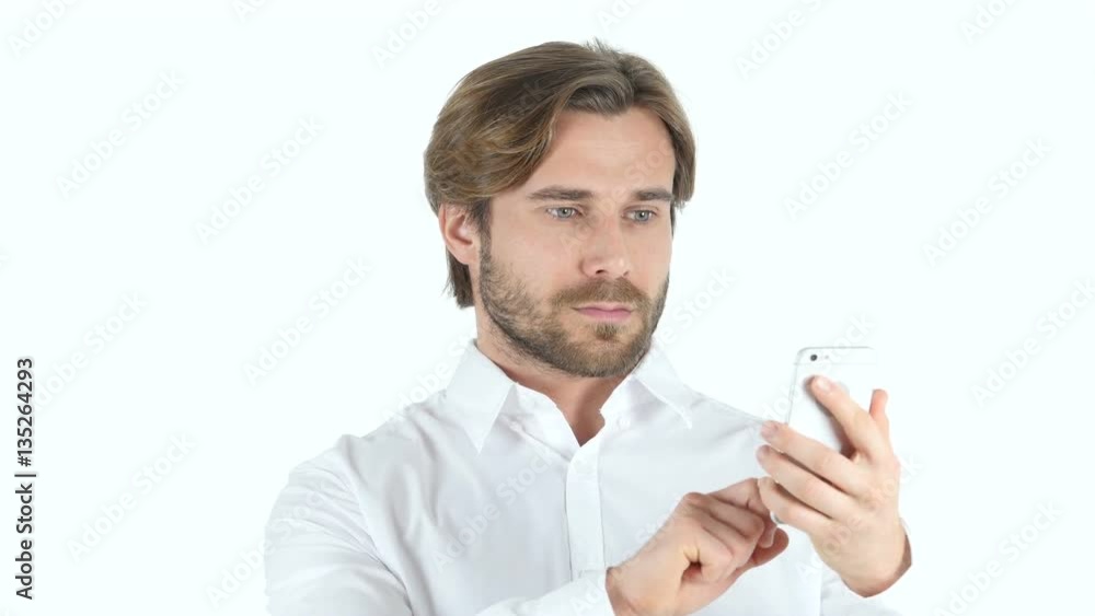 Using Smartphone, Texting Young Man with Curly Hairs Using Smartphone, Texting Young Man with Curly Hairs
