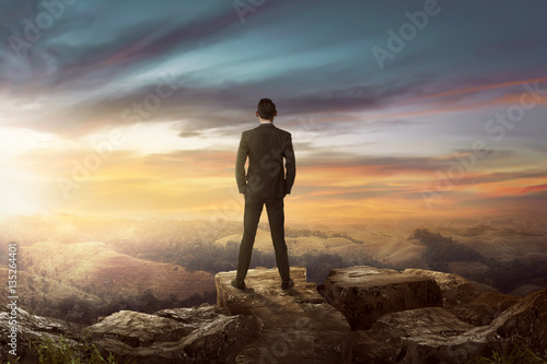 Rear view of asian businessman on the top of the hill looking wonderful scenery
