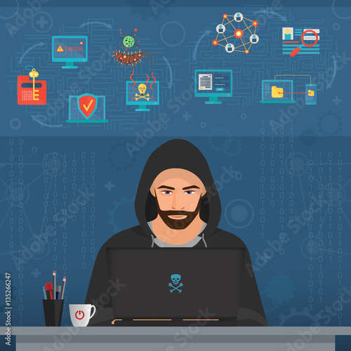 Hacker man hacking secret data on the laptop. Icon set. Modern transperance flat vector illustration.