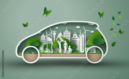  Green Paper Cut Eco Car with Sustainable City Inside