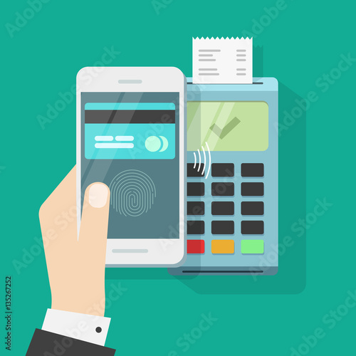 Wireless payment with mobile phone and terminal vector illustration, flat style smartphone in hand with credit card on display and fingerprint processed successful pay on nfc, contactless buy tech