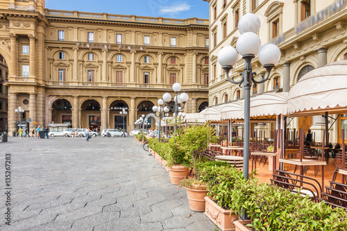 Summer street cafe on Piazza della Repubblica in Florence, Toscana province, Italy.