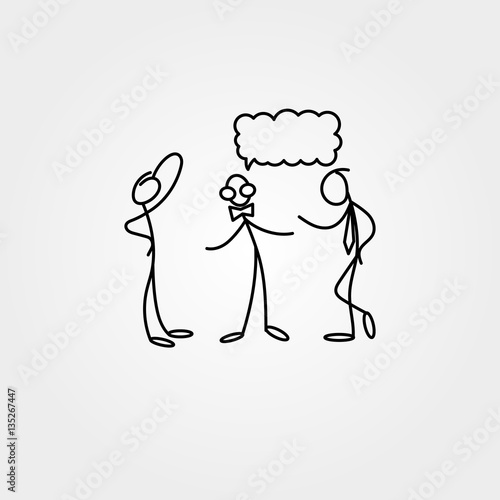 Cartoon icons of sketch stick bisiness figures in cute miniature scenes.