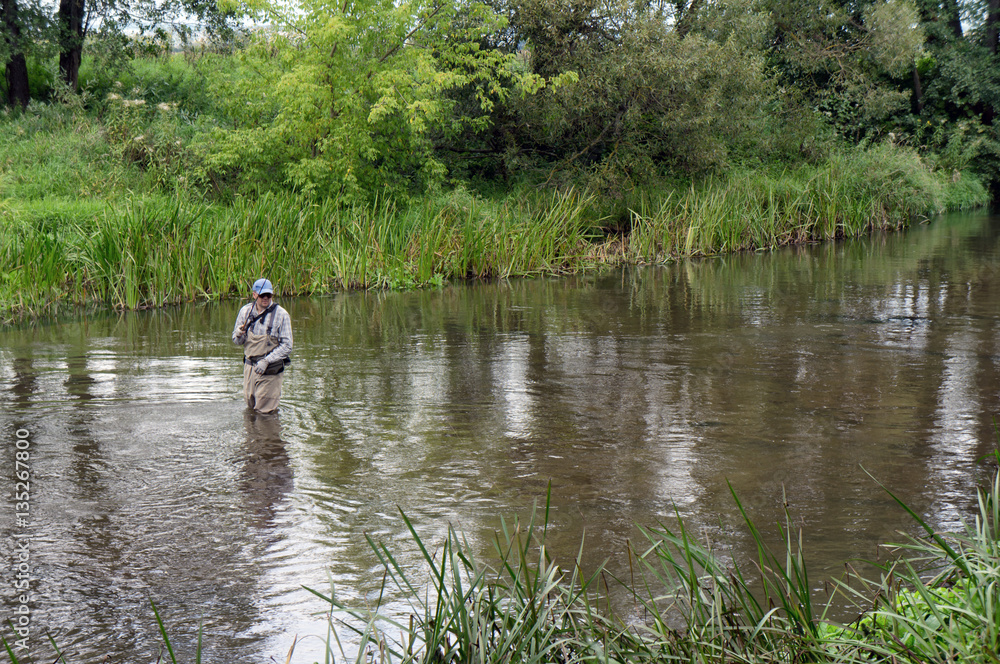Fisherman catches tenkara on a beautiful forest creek. Fisherman catches tenkara on a beautiful forest creek.