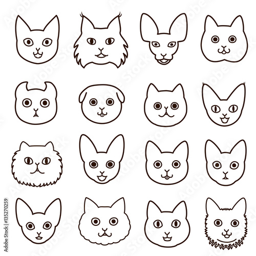 cute cats faces line art set