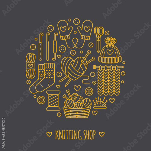 Knitting, crochet, hand made banner illustration. Vector line icon knitting needle, hook, scarf, socks, pattern, wool skeins and other DIY equipment. Yarn or tailor store template.