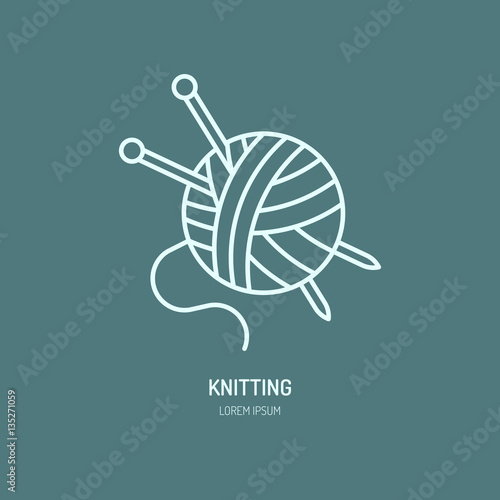 Knitting shop line logo. Yarn store flat sign, illustration of wool skeins with knitting needles.