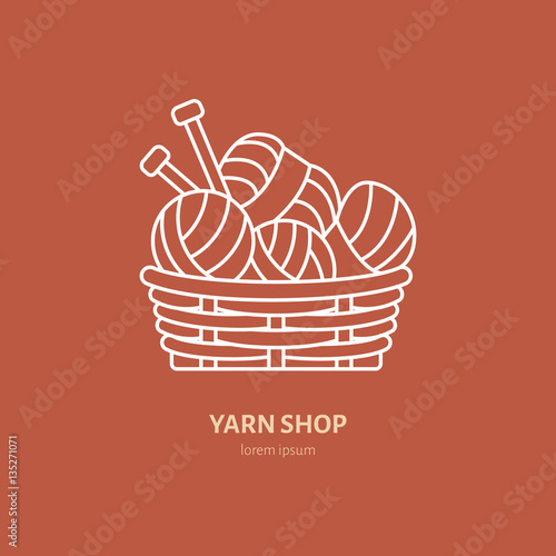 Knitting shop line logo. Yarn store flat sign, illustration of wool skeins with knitting needles.