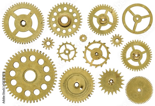 Clock mechanism, a set of pinion on white background