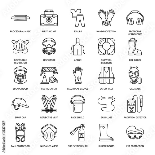Personal protective equipment line icons. Gas mask, ring buoy, respirator, bump cap, ear plugs and safety work garment. Health protection thin linear signs.