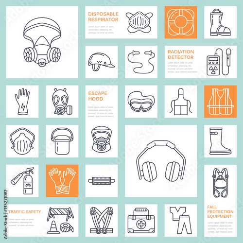 Personal protective equipment line icons. Gas mask, ring buoy, respirator, bump cap, ear plugs and safety work garment. Health protection thin linear signs.