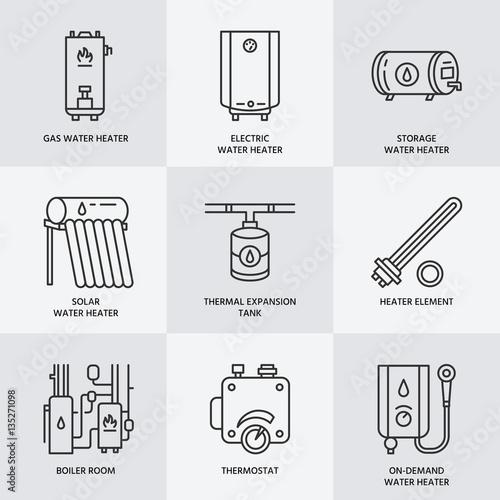 Water heater, boiler, electric, gas, solar heaters and other house heating equipment line icons. Thin linear pictogram for hardware store. Household appliances signs.