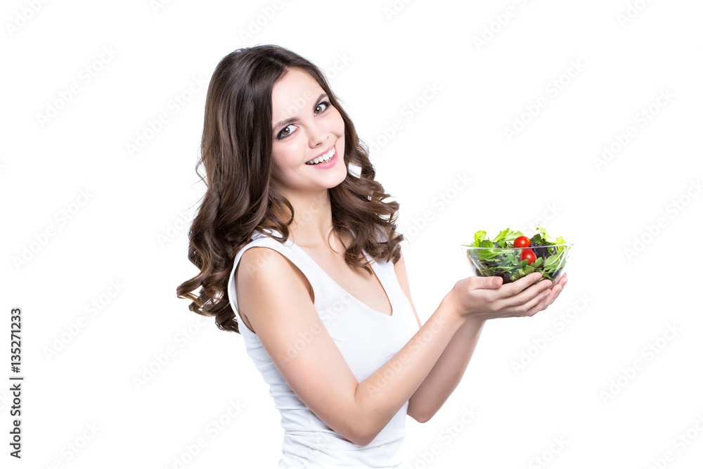Happy healthy woman with salad Isolated.