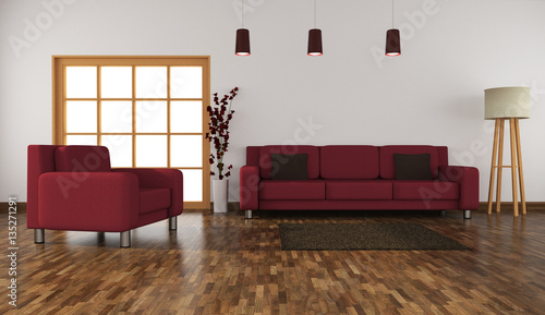 Modernes Wohnzimmer mit roten Polstermöbeln