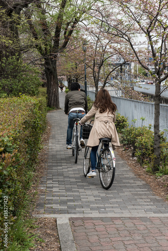 In the picture we can see a boy and a girl ridding cycle. On the background we can see bushes and beautiful trees in the picture.