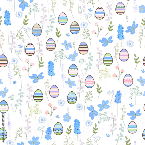 Seamless pattern with easter eggs and blue flowers. Endless terture for spring festive design