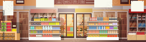 Big Shop Super Market Shopping Mall Interior Flat Vector Illustration