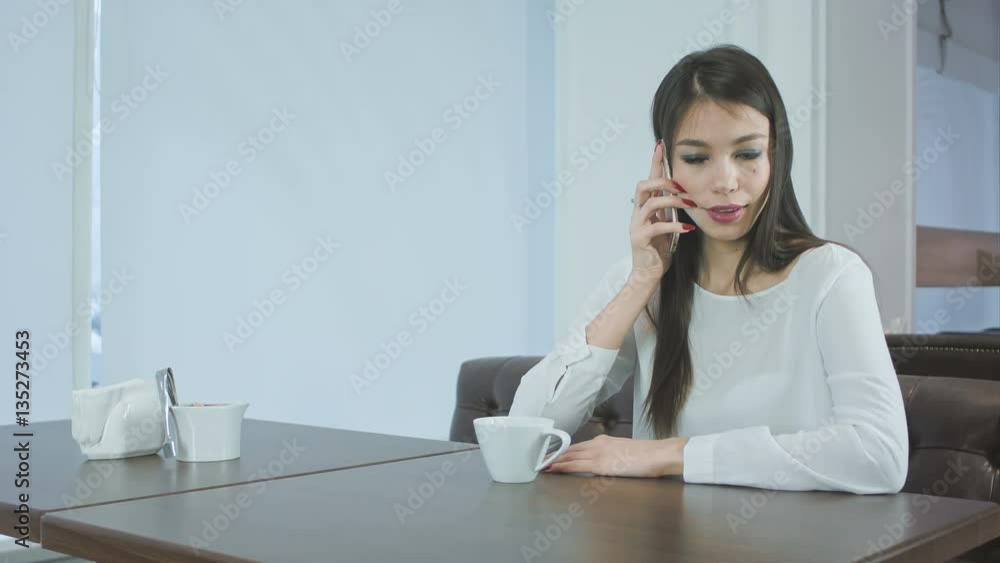 Young charming woman having phone conversation while resting in cafe Young charming woman having phone conversation while resting in cafe