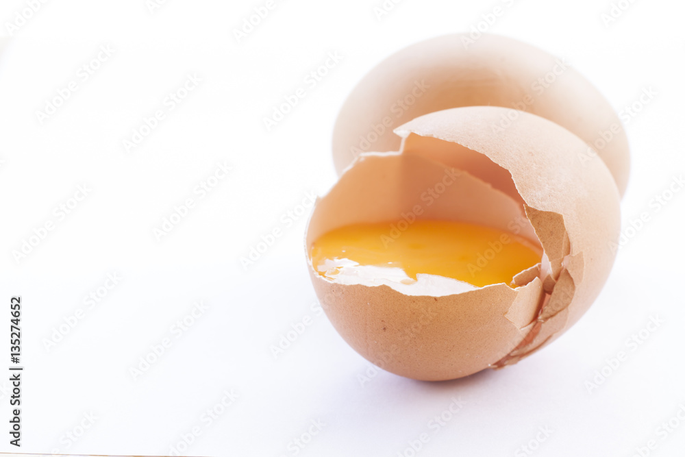 Eggs cooking for breakfast, a protein form yolk and albumen on a white background, or on a plain wooden table. Eggs cooking for breakfast, a protein form yolk and albumen on a white background, or on a plain wooden table.