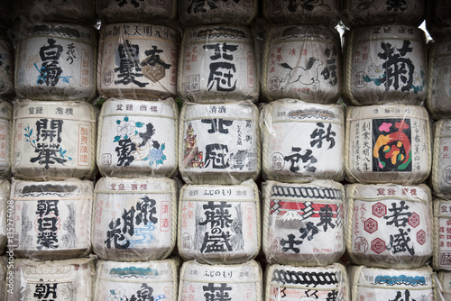 Japanese decorations with japanese inscriptions written inside a buddhist temple. The white colored round shaped designs looks beautifully arranged in a row.