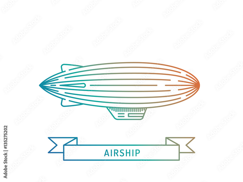Dirigible and hot air balloons airship. Elements are drawn in vector in a linear style